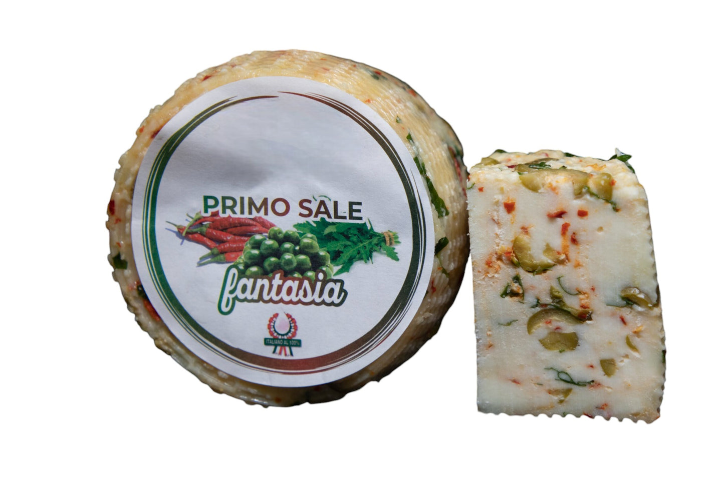 Primosale Fantasia – Pecorino Fresco con Rucola, Peperoncino e Olive Verdi