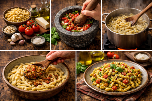 Sequenza di immagini che mostra la preparazione delle busiate alla trapanese: ingredienti su tavolo rustico, pesto di pomodoro e mandorle nel mortaio, cottura della pasta, condimento a freddo e piatto finale pronto da servire.